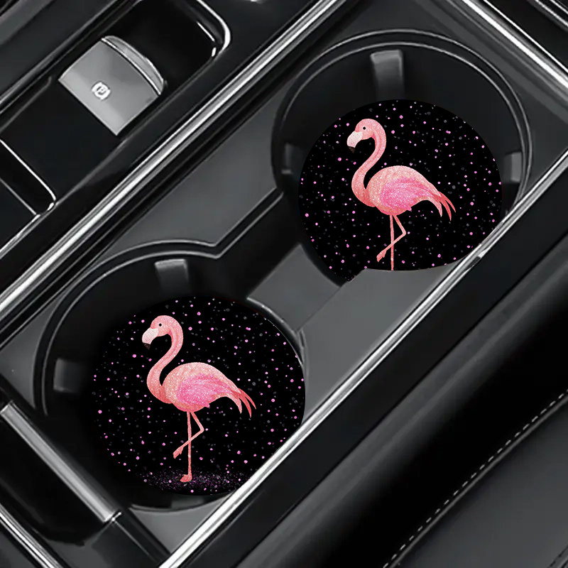 Two-piece Glitter Flamingo Pattern Car Cup Holder Coasters, 2.75-inch Round, Synthetic, Waterproof To Keep Car Cup Holders , Car Interior Decor
