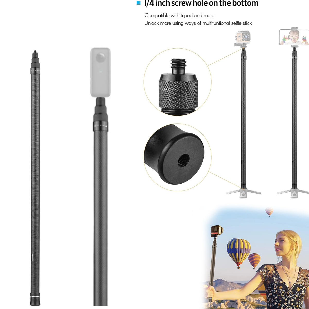 Carbon Fiber Hidden Extendable Selfie Stick For Camera Mounting With A , Compatible With X4/ 1 X2/ 1 R