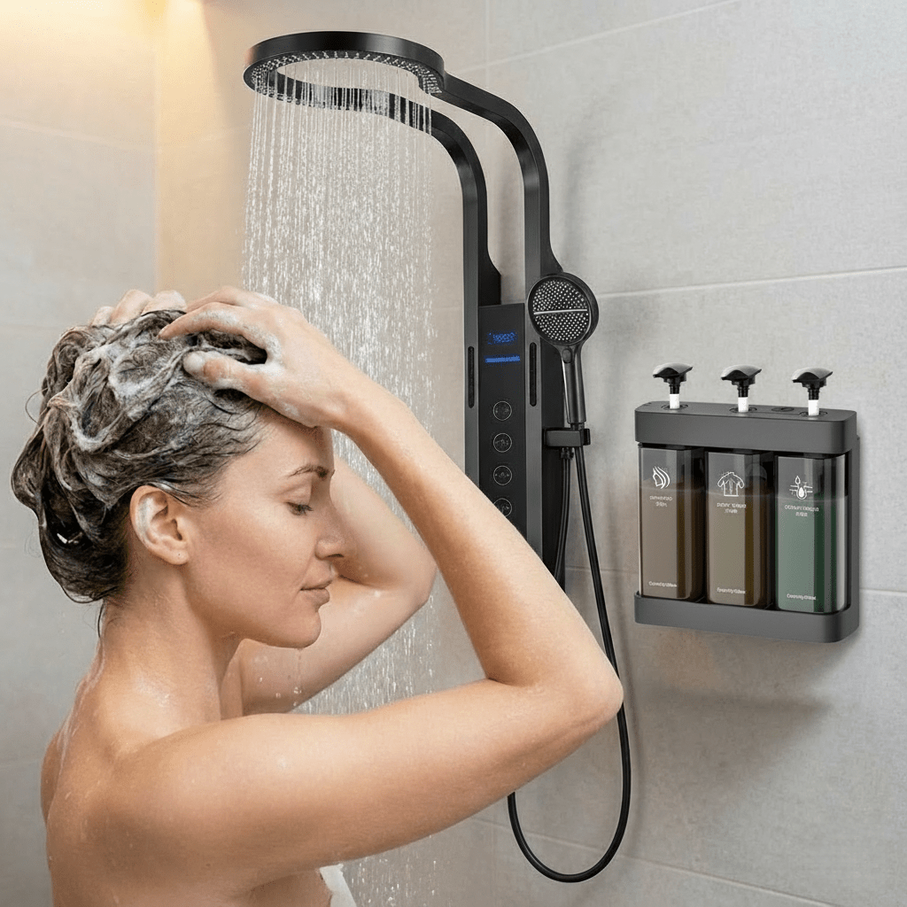 TEMU Wall-mounted Shampoo & Conditioner Dispenser Suitable For Bathroom & Hotel Use - No Drill Installation, Multi-chamber Refillable Shower System