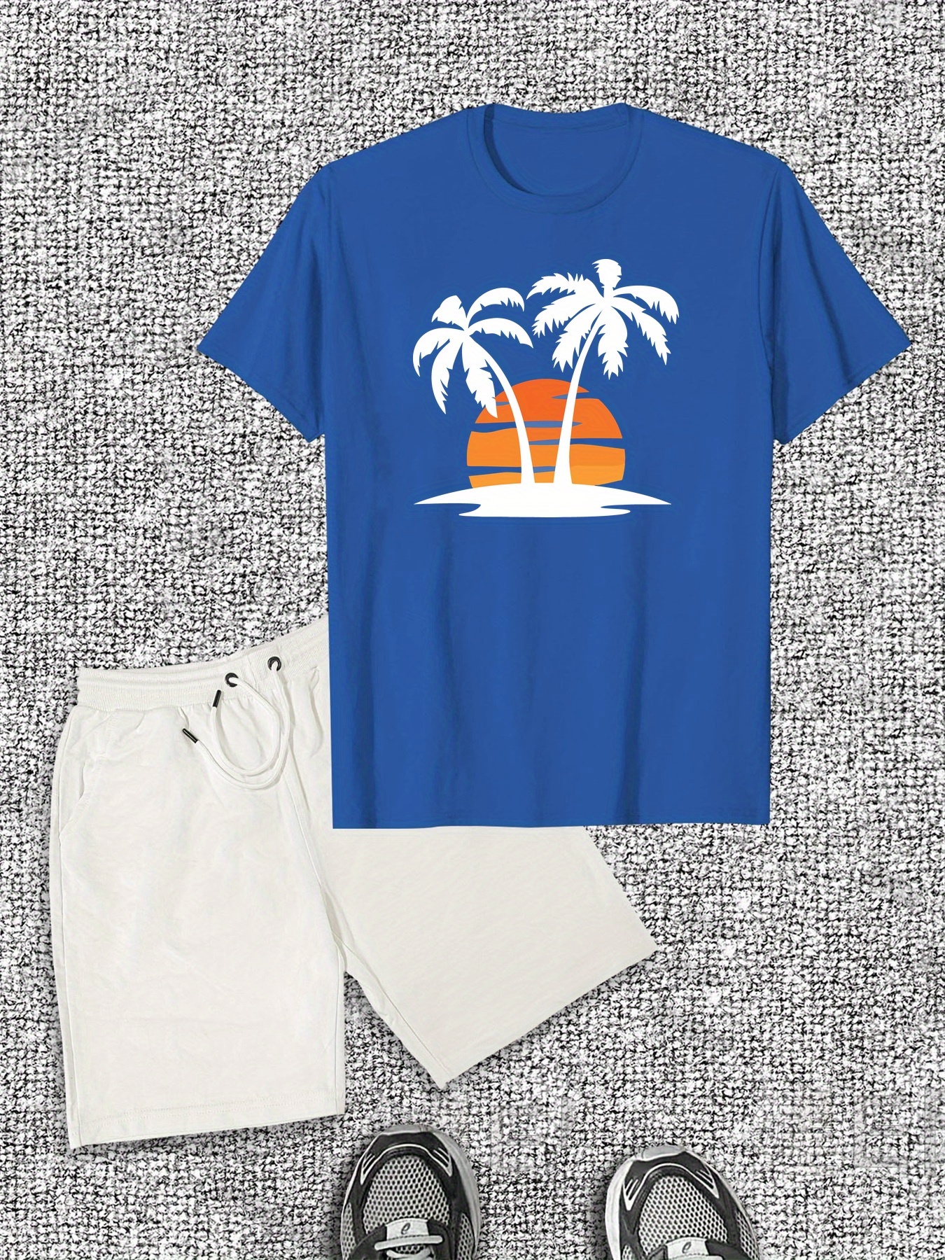 Men'S Casual Summer Shorts and T-Shirt Set, Cotton Crew Neck with Tropical Palm Tree Print, Regular Fit, Slight Stretch Fabric - Ideal for Beach or Vacatio