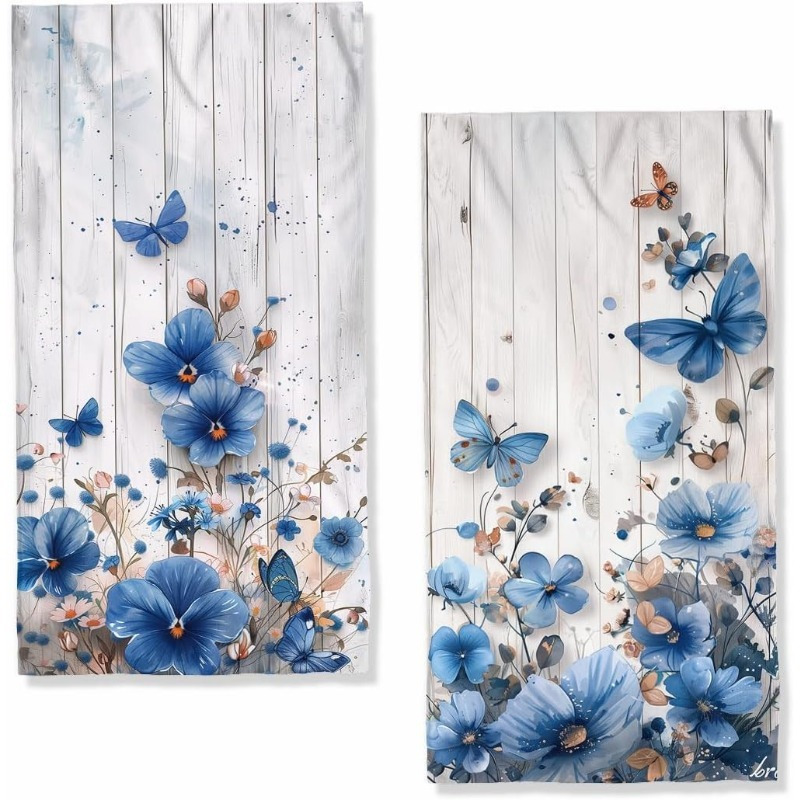 

2-pack Polyester Hand Towels, 18x26 Inches, Super Bath Towels With Blue Floral And , Machine Washable, Absorbent Kitchen And Bathroom Accessories