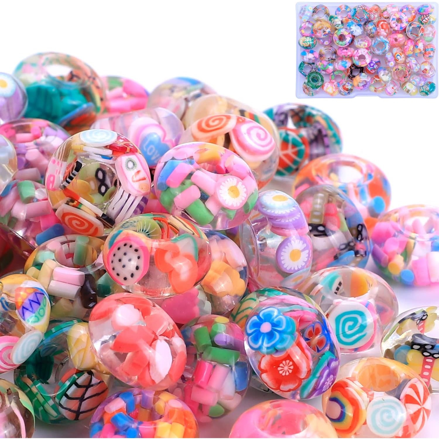 TEMU 50pcs Mixed Style Transparent Resin Beads With Large Holes – Vibrant Candy-like Patterns (stripes, Floral, Swirls) For , Bracelets, Necklaces &