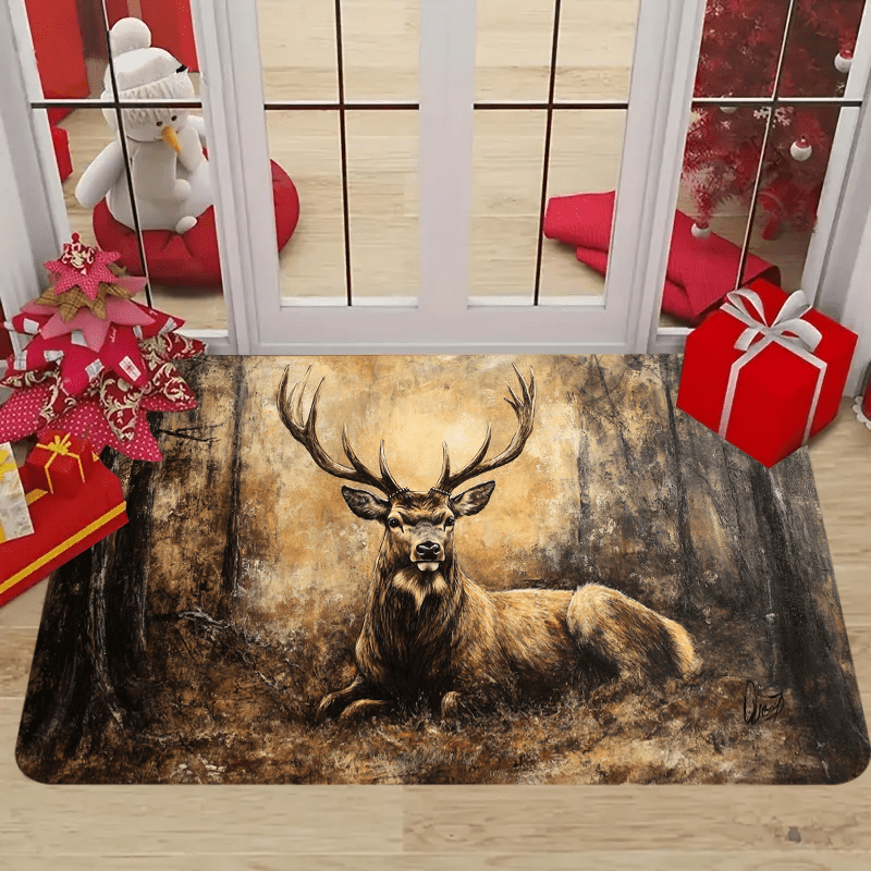 

1pc Polyester Door Mat With Deer - Large Stag With Antlers, Machine Washable, Ideal For Christmas Decorations Or Gifts For Home, Bedroom, Living Room, Kitchen, Office