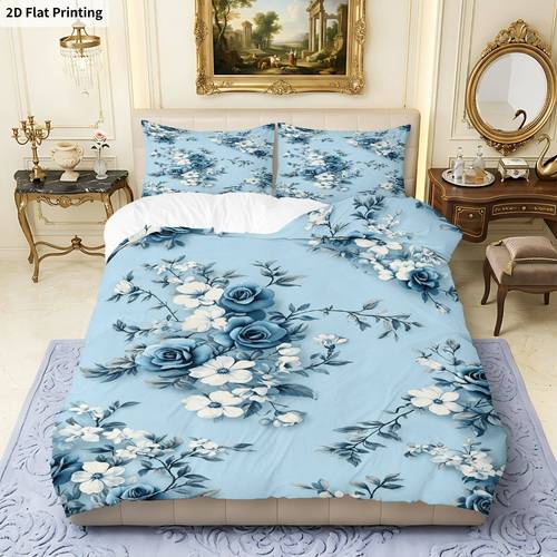 3-teiliges bettbezug-set, 1 bettbezug + 2 kissenbezüge (ohne füllung), blaues rosenblumen-motiv, festival-bettwäsche, blumen-bettwäsche, für die dekoration von schlafzimmer, wohnzimmer, hotel und arbeitszimmer
