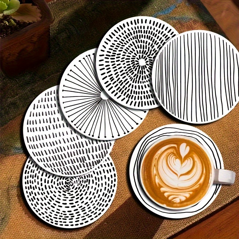 Image of A Set Of 6 Black And White Striped Wooden Coasters, Heat-insulating, Non-slip, And Heat-resistant Table Mats, Perfect For Home Dining Decor, Suitable For Families, Offices, And Themed Party Gifts