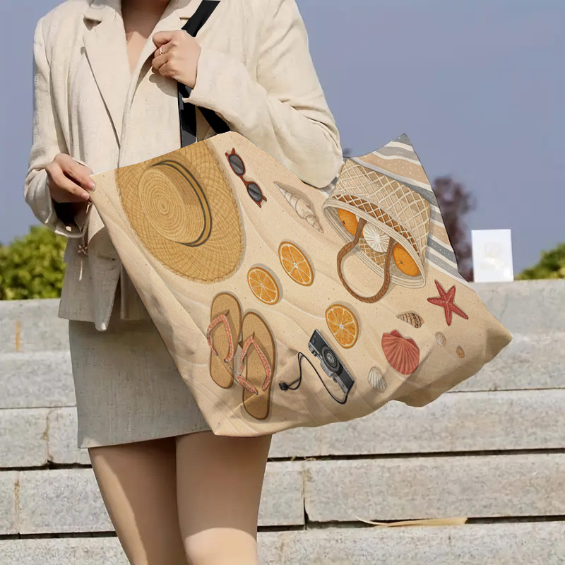 TEMU 1pc Beach Item Print Large Capacity Oversized Bag, Style Shoulder Bag, Convenient Shopping Tote, Foldable Travel Beach Bag, Outing Storage Bag