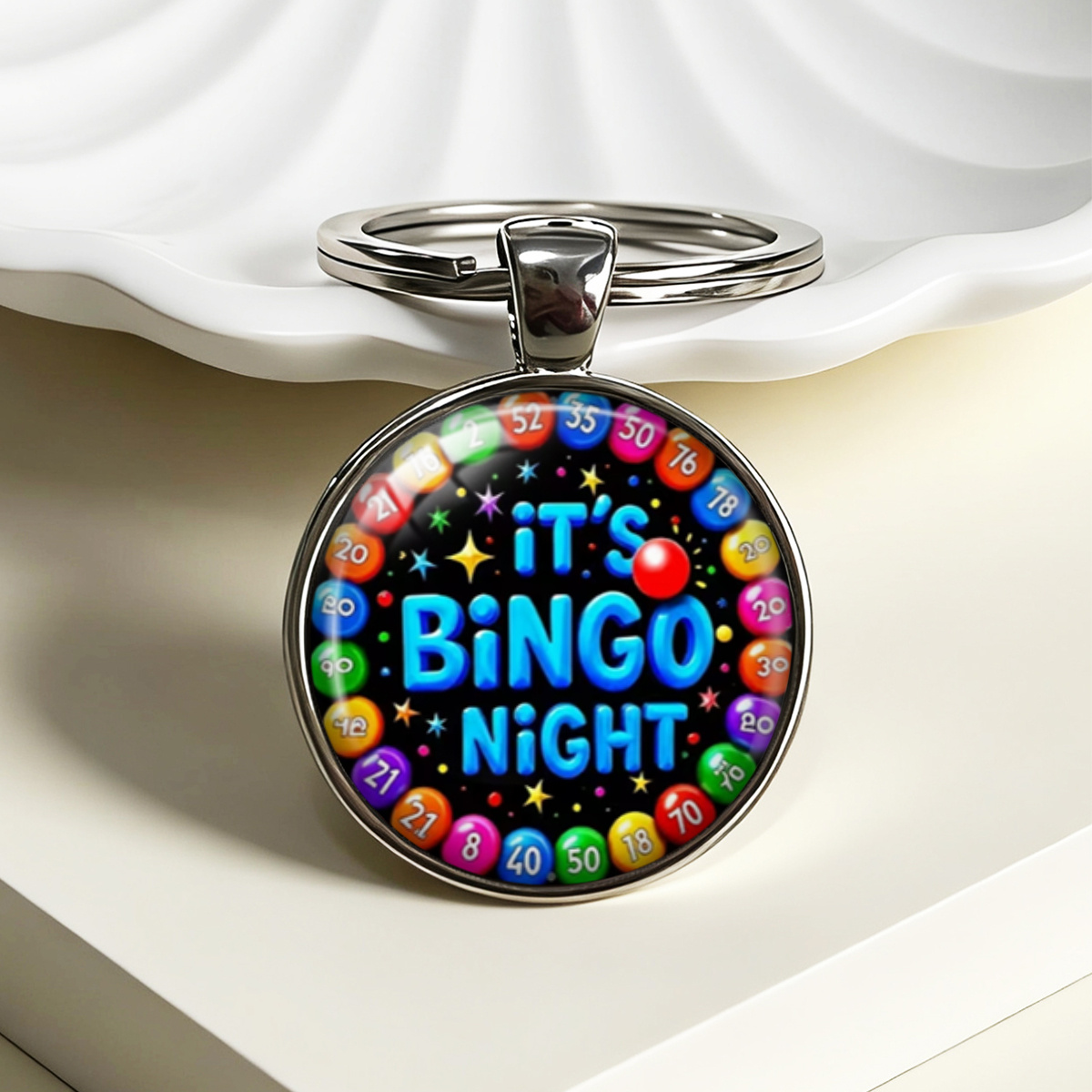TEMU 1pc Vibrant Glass Cabochon Keychain - A Bingo-themed Gift Designed For Players And Enthusiasts