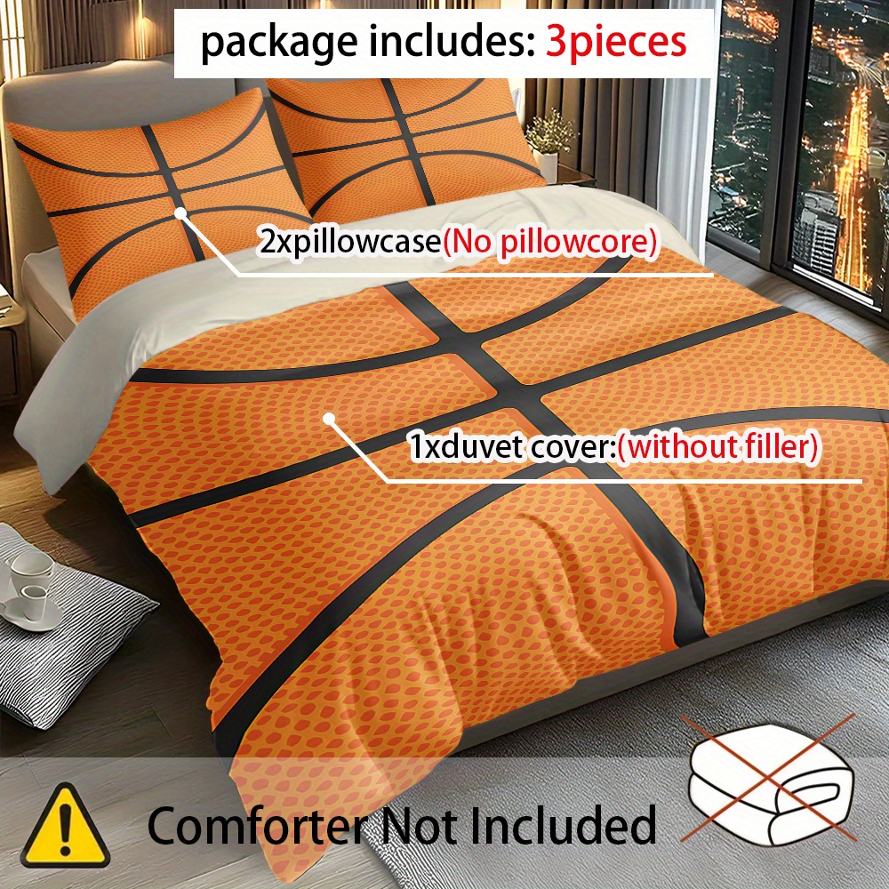 TEMU Juego de nórdica con estampado digital de de baloncesto naranja de 3 piezas - 1 nórdica y 2 fundas de almohada (sin relleno), transpirable y ,