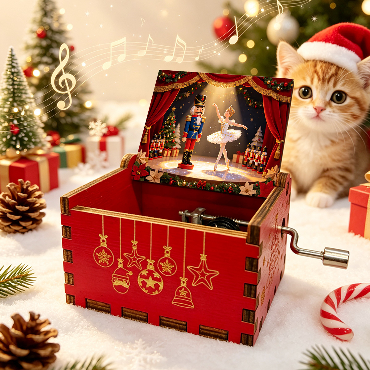 TEMU 1pc Hand-cranked Music Box With Ballerina Mechanism, Red Curtain Stage & Nutcracker Suitable For Home Decor, Christmas Tree Ornament, Gift For