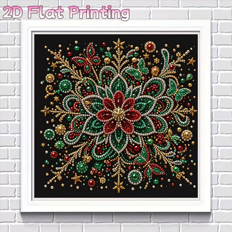 TEMU Classic 2d Pearl Diamond Painting Kit, Acrylic () Material, Intricate Red Flower & Festive Ornate Pattern On Black Background, New Arrival
