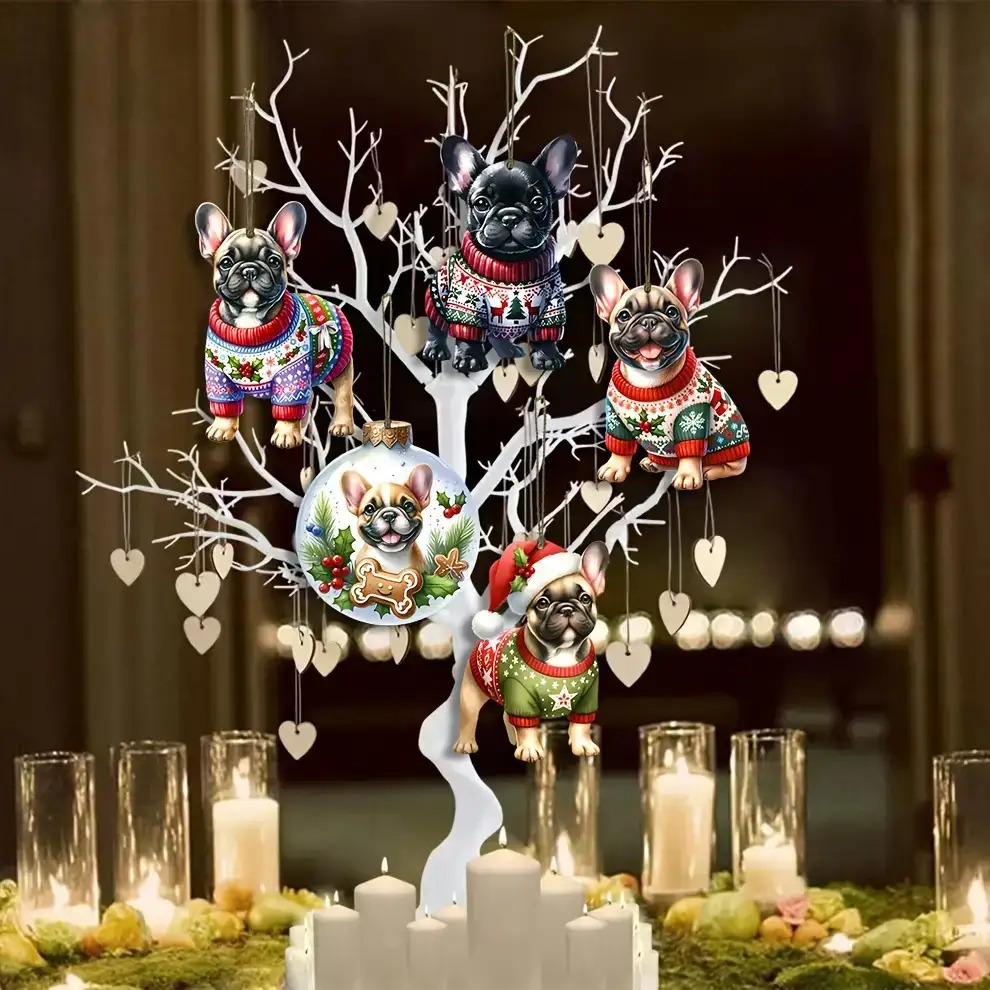10pcs Festive French Bulldog Christmas Ornaments - Handcrafted Wooden Hanging Decorations with Santa Hats, Scarves & Holiday Outfits, Perfect for Holiday Tree & Home Decor, No Electricity Needed, Christmas Decorations