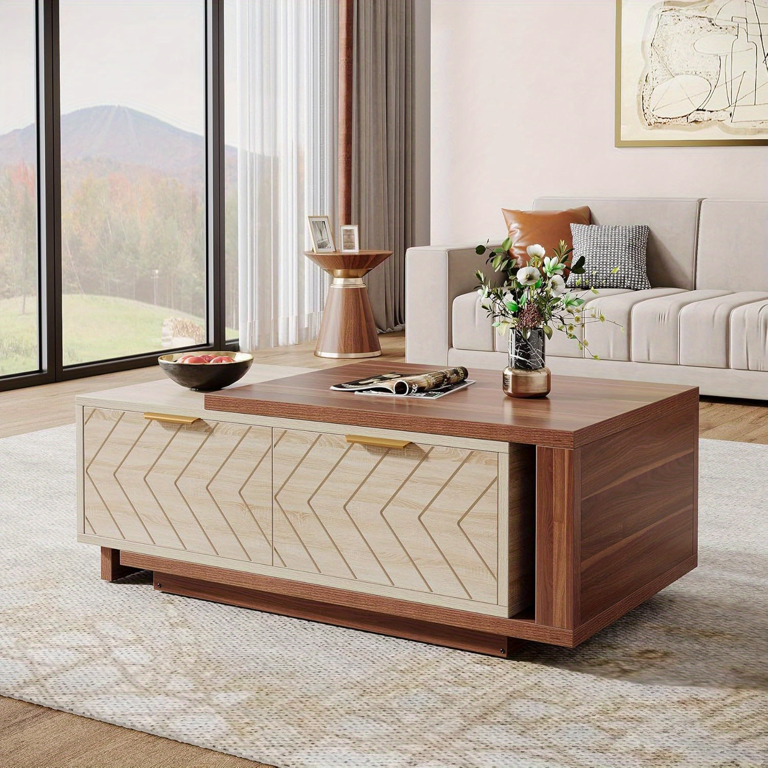 TEMU Table basse extensible avec 2 tiroirs de rangement - Finition et double ton, plateau coulissant, rangement multifonctionnel , rectangle en bois