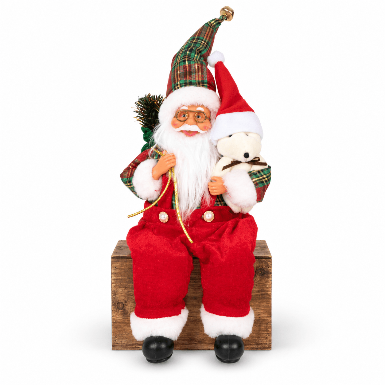 TEMU Christmas Santa Figurine Ornaments, 11.8 In / 30 Cm Sitting Santa Figure With Hat, Round Glasses, , Red Overalls, Trim Boots And Dog Accent, For