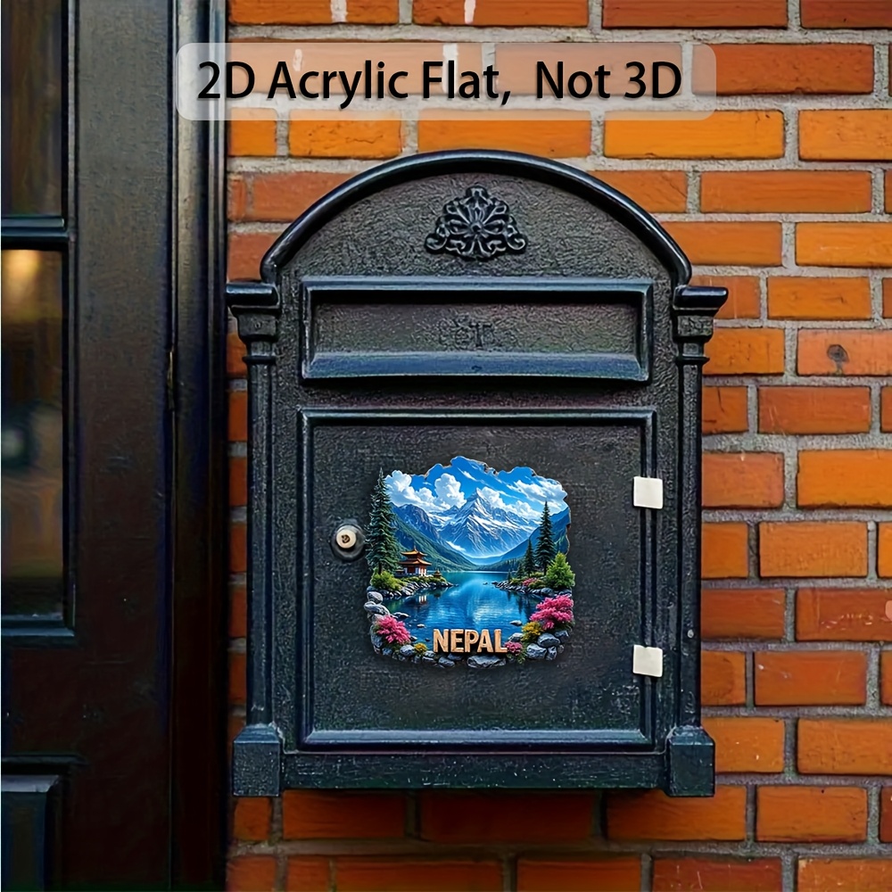 A Single Decorative Plaque And Ornament in The Form of a 2D Flat Acrylic Fridge Magnet Featuring a Landscape from Nepal. This Fridge Sticker Serves As a Travel Keepsake And Is Ideal for Enhancing Home Decor, Particularly in Kitchens