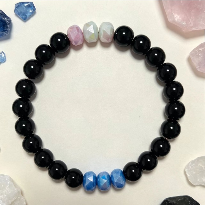 Layered Black Round Beads & Light Pink Multi-faceted Bracelet