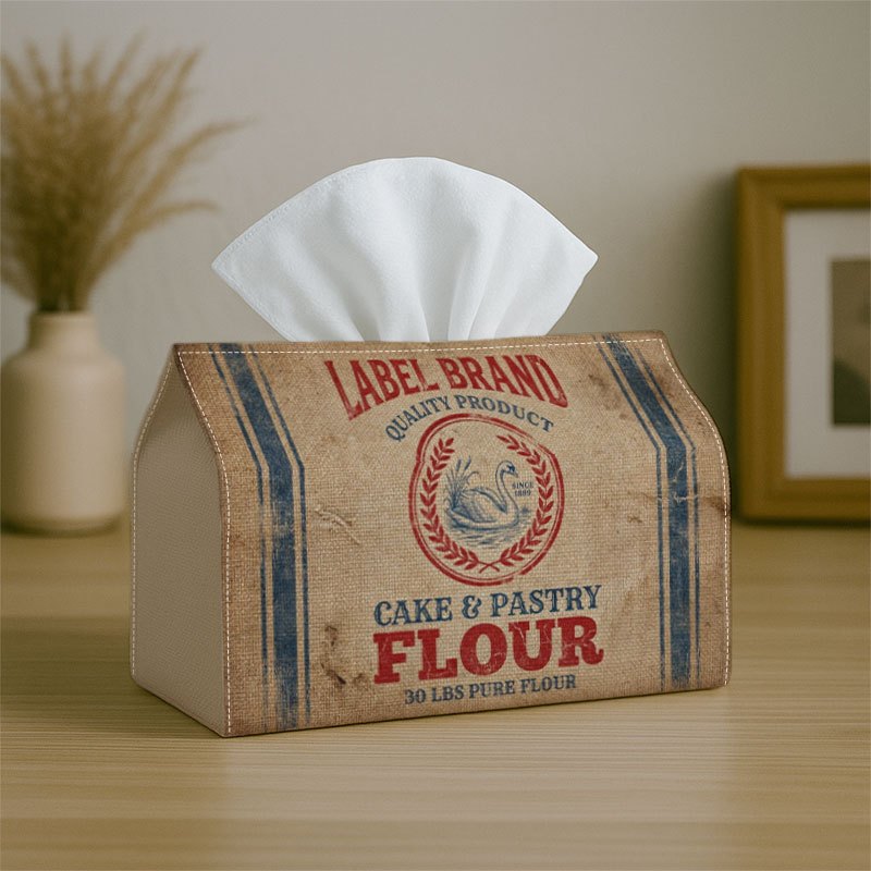 TEMU 1pc Vintage Industrial Rustic Tissue Box Cover With "cake & Pastry Flour" Label - Burlap Fabric Dispenser Suitable For Home, Office, Car & Party