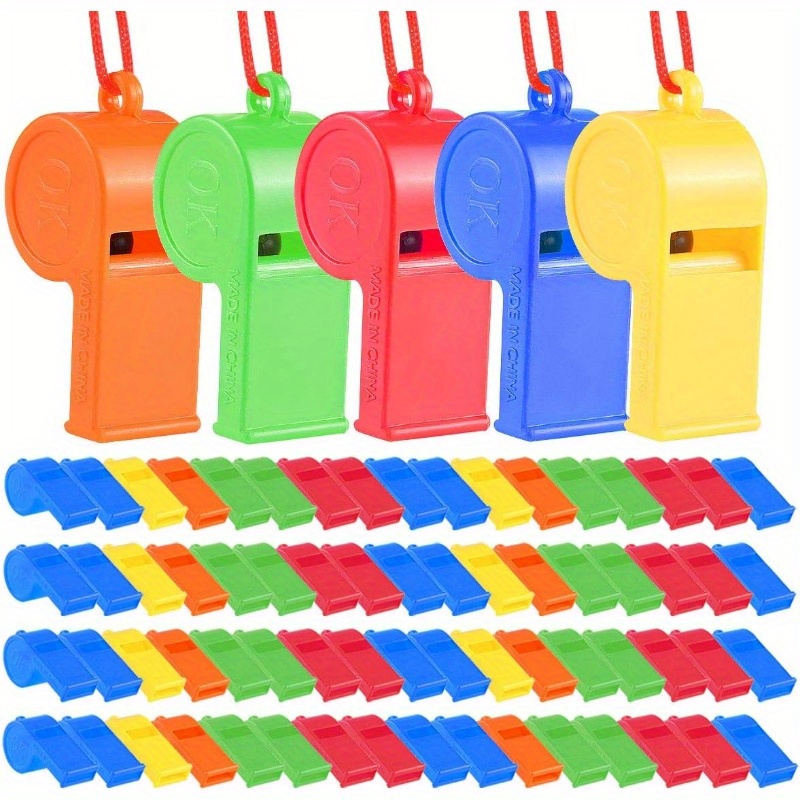 TEMU 100 Stück Mischfarbene Plastik Pfeifen, Großpackung Pfeifen, Trainings Sport Pfeifen mit Schlüsselband, Weihnachts Geburtstags Party Goody Bag