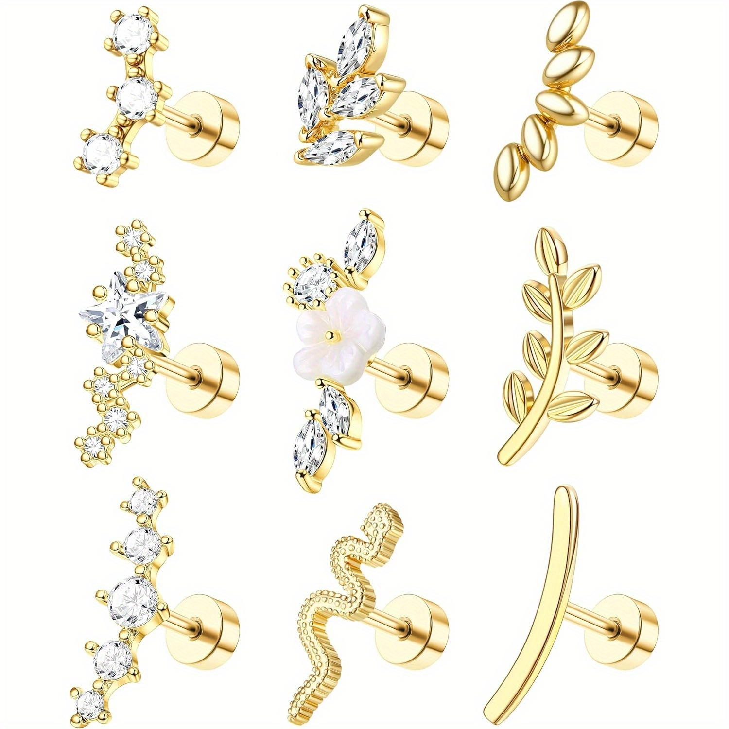 Image of 2d Flat, 9pcs Flat Back Cartilage Earrings For Women Trendy Tragus Conch Helix Piercing Jewelry Stainless Steel Snake Back Stud Earrings Set