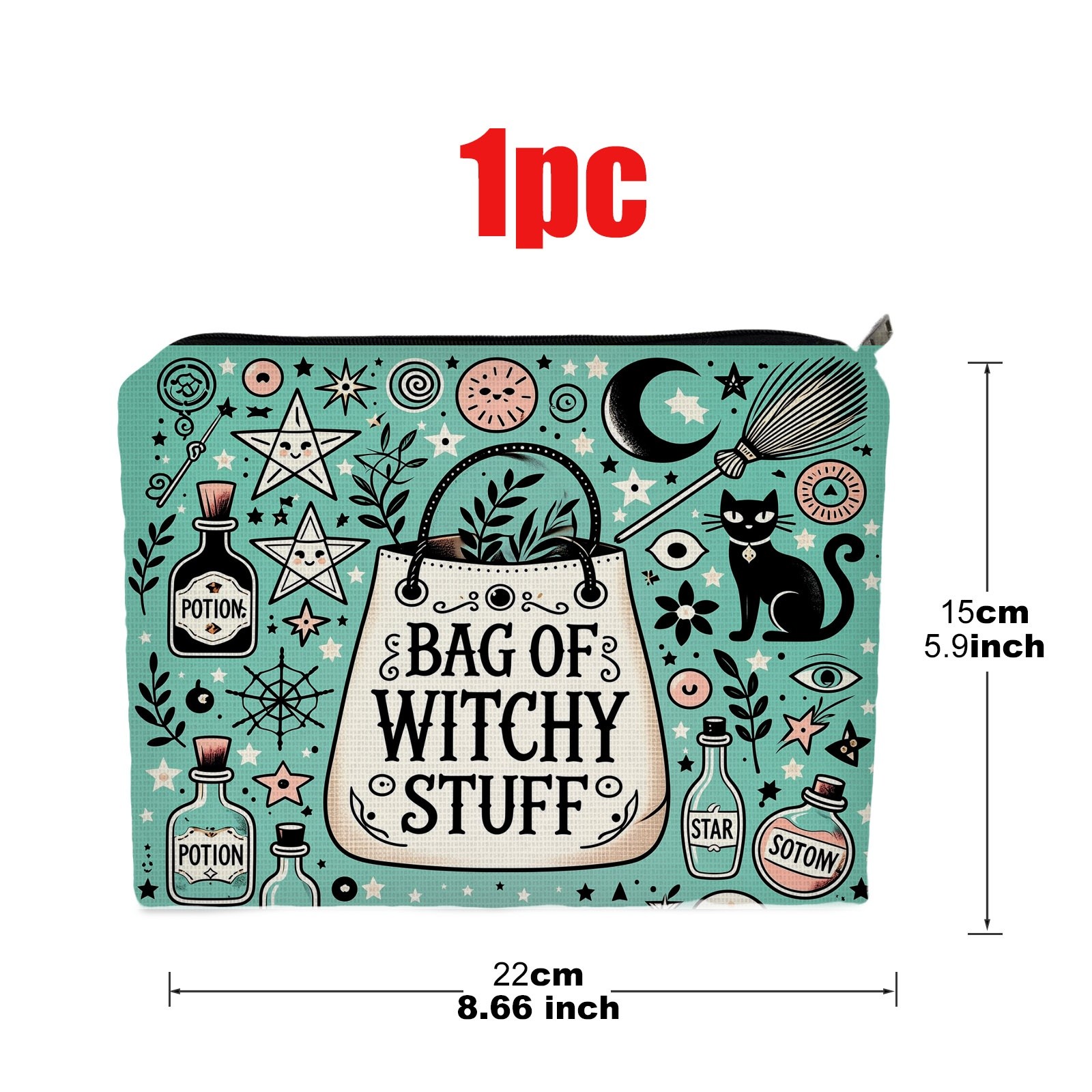 TEMU Trousse de Cosmétique sur le thème des sorcières mignonnes, imprimée sur côtés avec l' "BAG OF STUFF", , croissant et magiques, pochette de