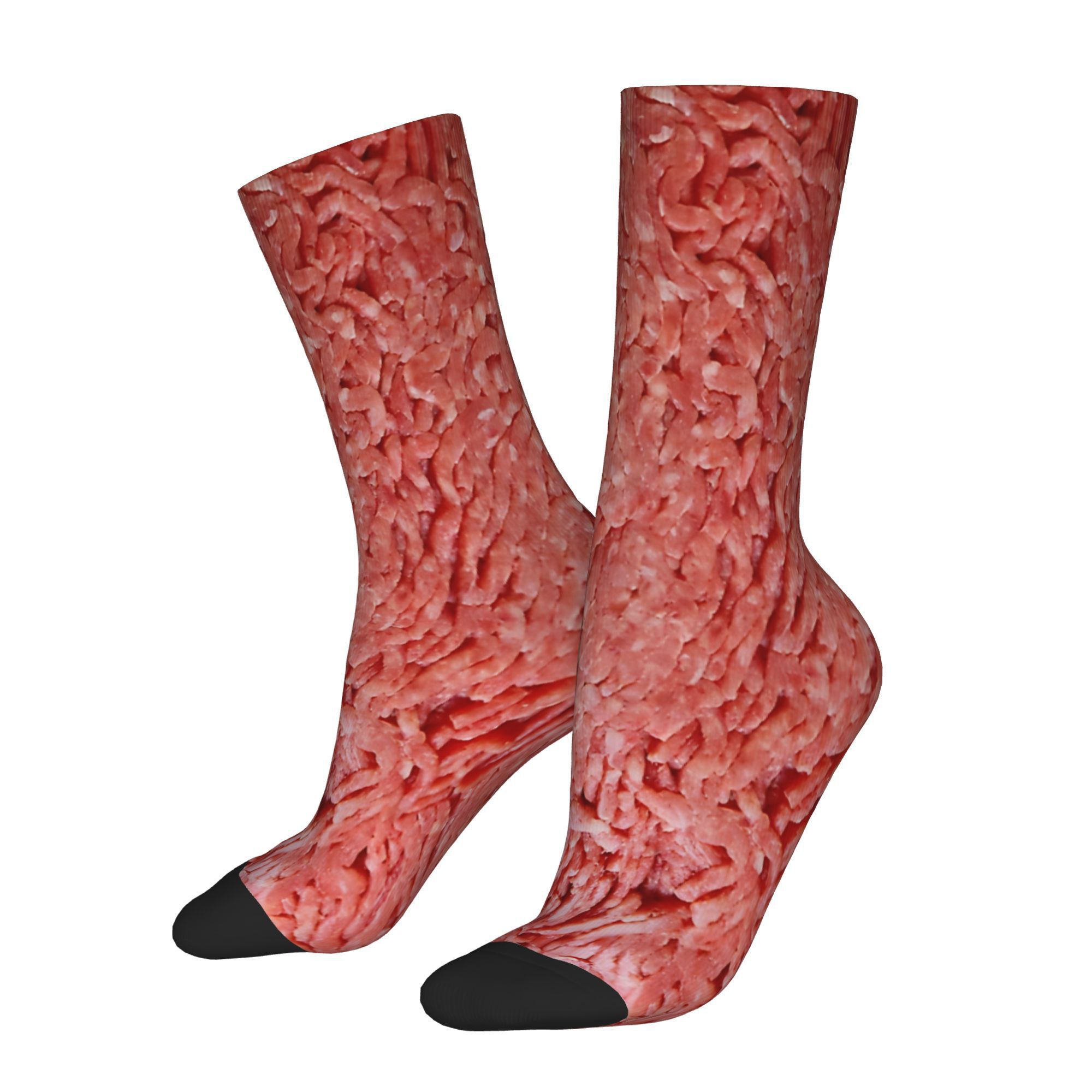 TEMU 1 Pair Vintage Ground Beef Print Men's Crew Socks, Novelty Seamless Knit Polyester With Elastane, Unisex Hip Hop Compression Socks, Hand