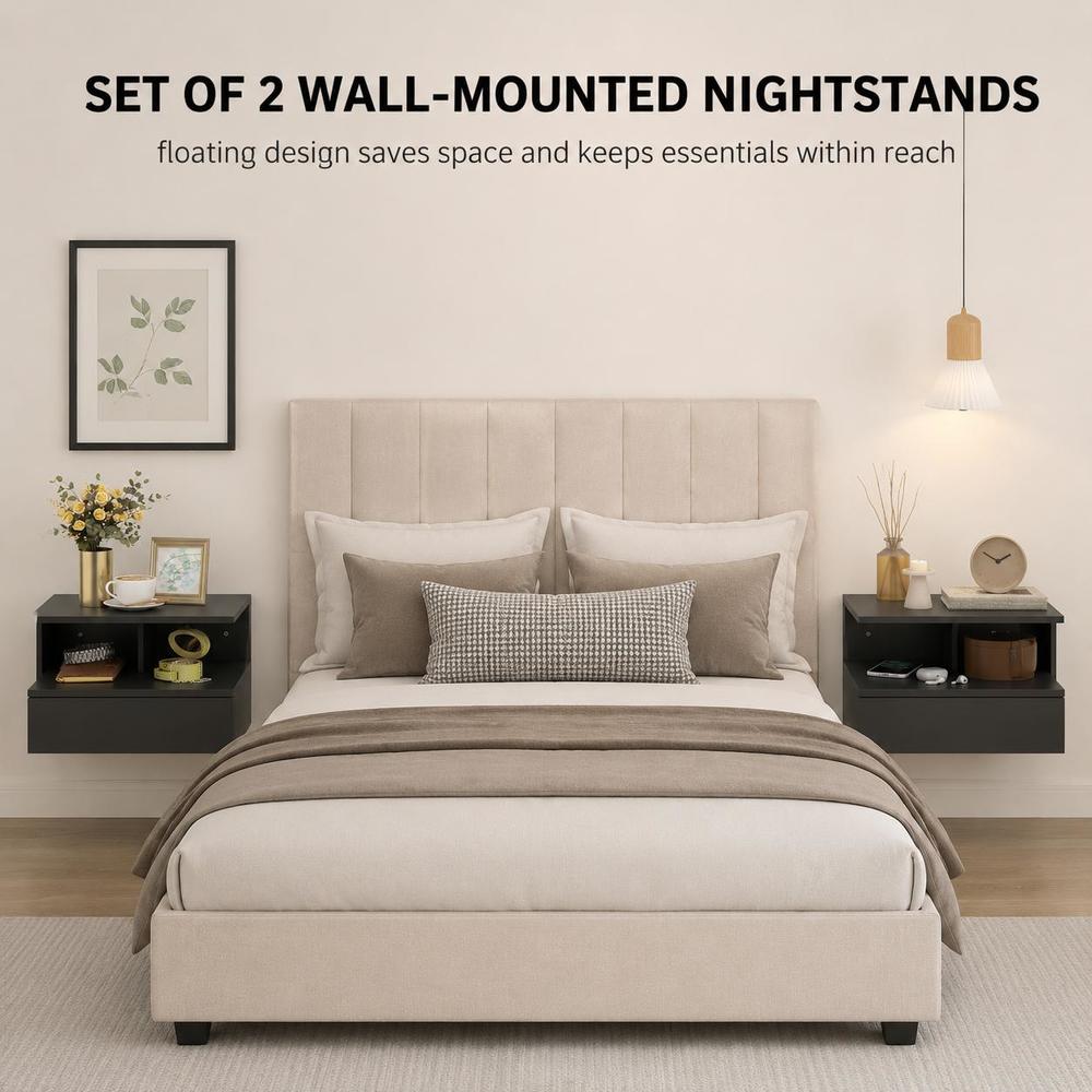 Image of Set Of 2pcs Wall-mounted Bedside Tables, Hanging Nightstands With Drawer, Open Shelf, 35x32x22.5cm, Black