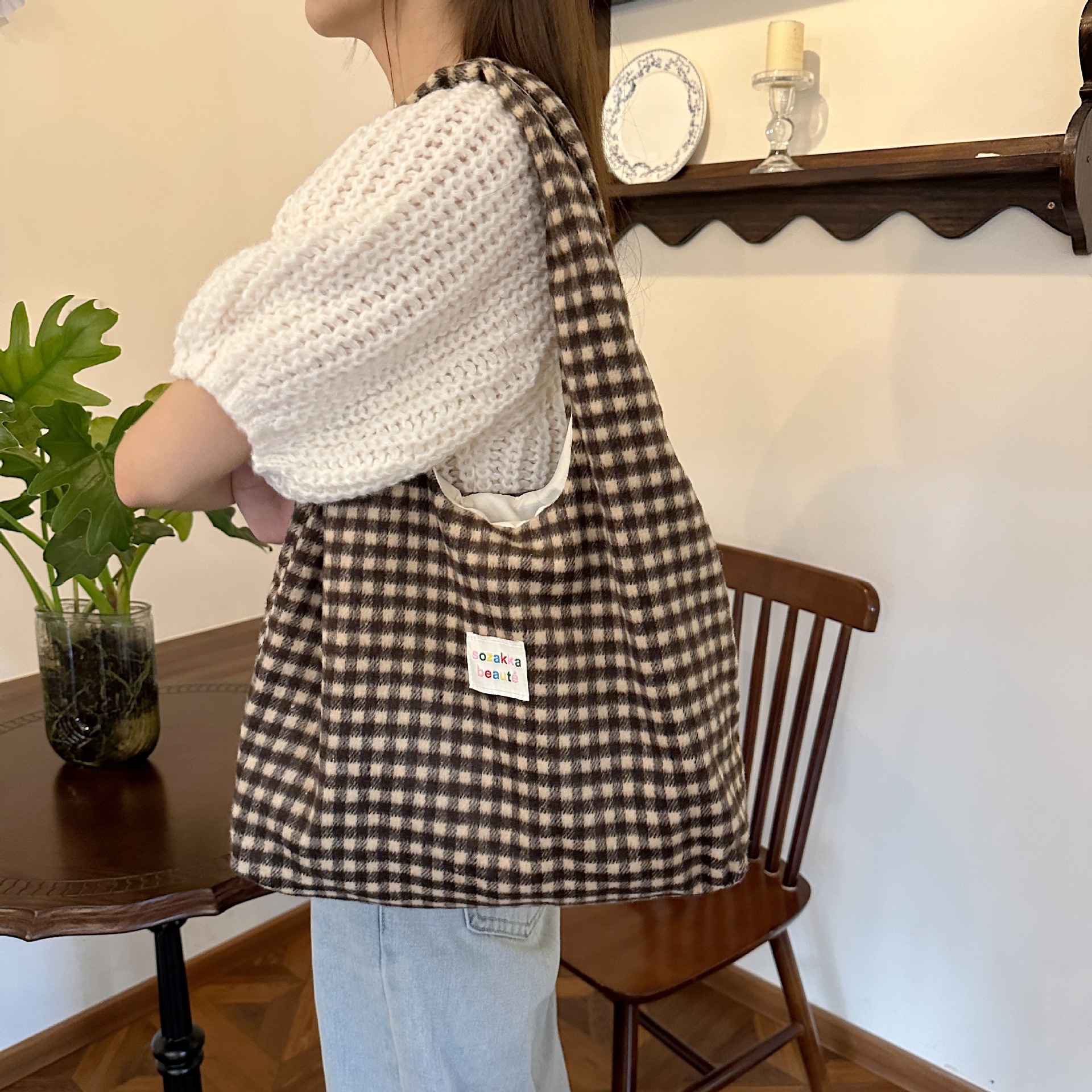 Pink Gingham Hobo Tote Bag Large Capacity Casual Shoulder Purse_voghion.com