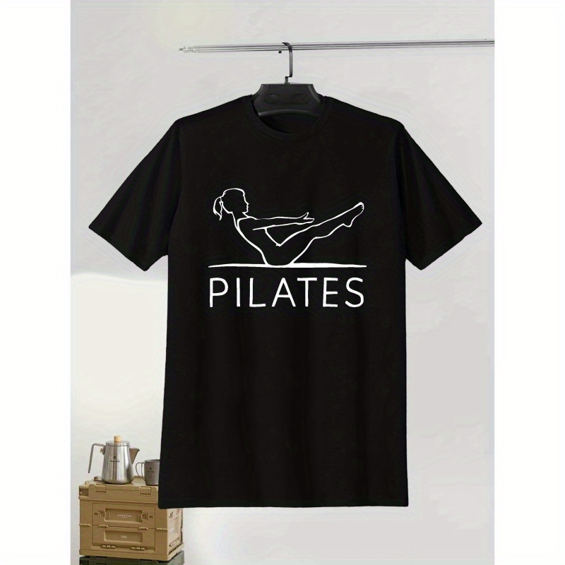 

1pc Pilates V-sit Silhouette Print T-shirt, Polyester Knit Fabric, Casual Crew Neck, Stretch, Regular Fit, Geometric Pattern, Summer Short Sleeve Tee For Adults