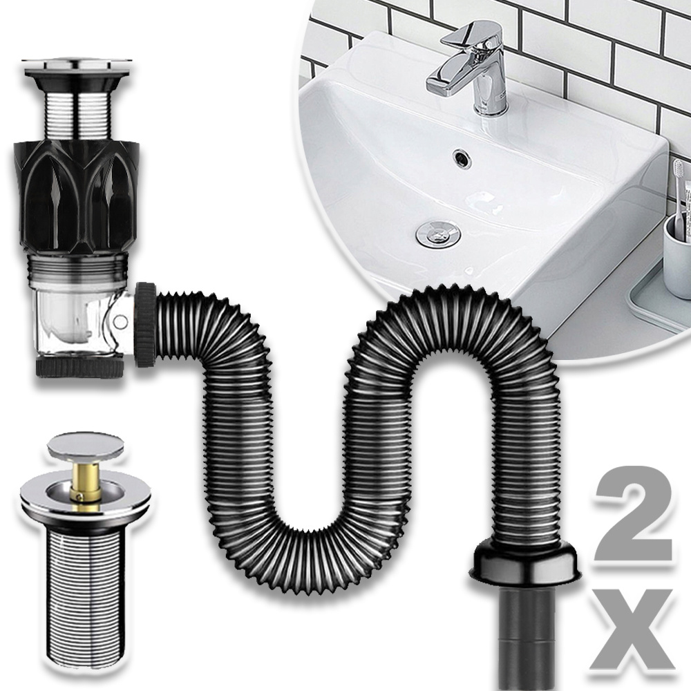 Image of 2pcs Bathroom Kitchen Sink Drain Kit - Retractable Flexible Pipe Pop-up Plug, Anti-clog Silicone Seal, Installation