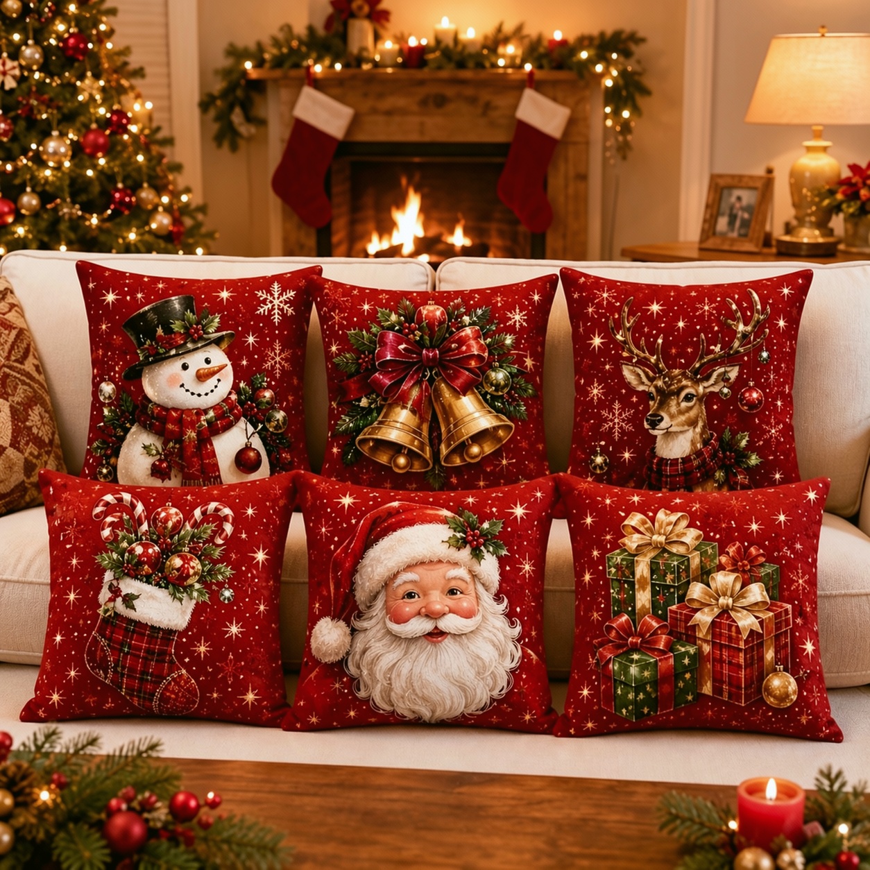 TEMU 6pcs Winter/christmas Themed Pillowcases, 2d Printed Design - Non-textured, With Snowman, Bell, Reindeer, Christmas Stocking, Santa Claus, And
