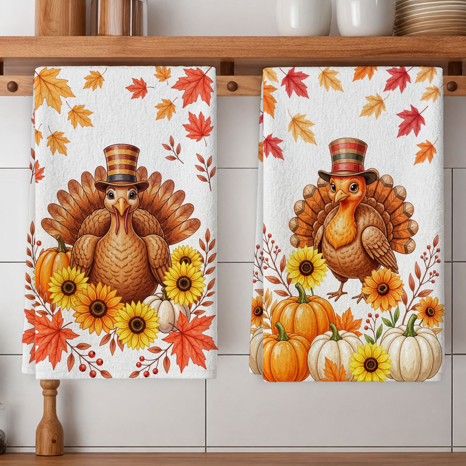 TEMU 2-pack Thanksgiving Turkey And Pumpkin Kitchen Towels, Autumn Maple Leaf And Sunflower Pattern Hand Towels And Dishcloths, Farmhouse Style