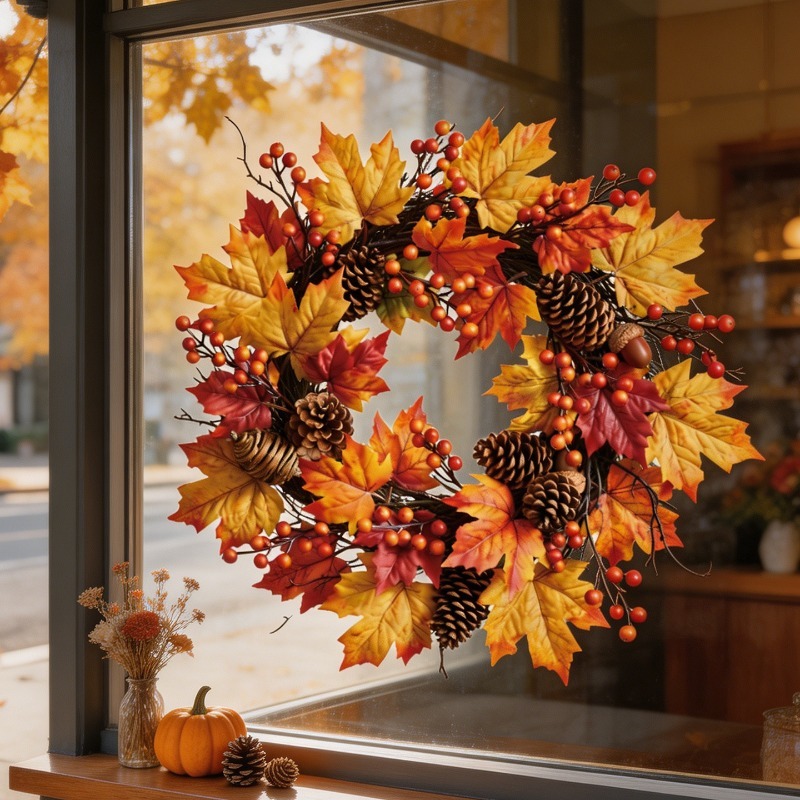 TEMU 2d Flat - 2d Flat - 1pc 2d Flat Static Autumn Berry Maple Leaf Wreath Window Sticker, Reusable No Glue Removable Double-sided Harvest