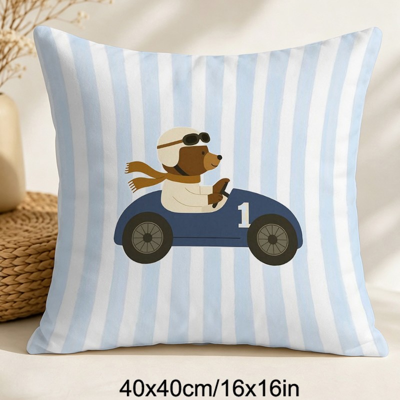 TEMU 1pc Fun Cartoon Racing Bear Pillowcase, Cute Animal Striped Print Cushion Cover, Soft Short Plush, Zipper Closure, 40x40/45x45/50x50cm, Machine