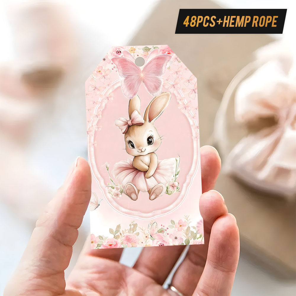TEMU 48 pz Etichette Regalo Coniglietto con Spago - Rosa e Adatte per Regali di Compleanno, Decorazioni per Carta da Regalo di , Etichette per Baby