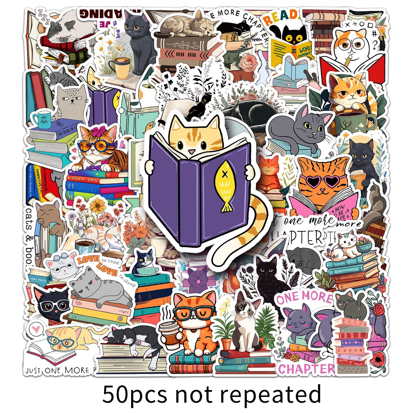 TEMU 50 Cute Kitten Reading Cartoon Animal Stickers - Suitable For Scrapbooks, Diaries, Laptops, Water Bottles, Cars, Etc. A Gift With Message And A