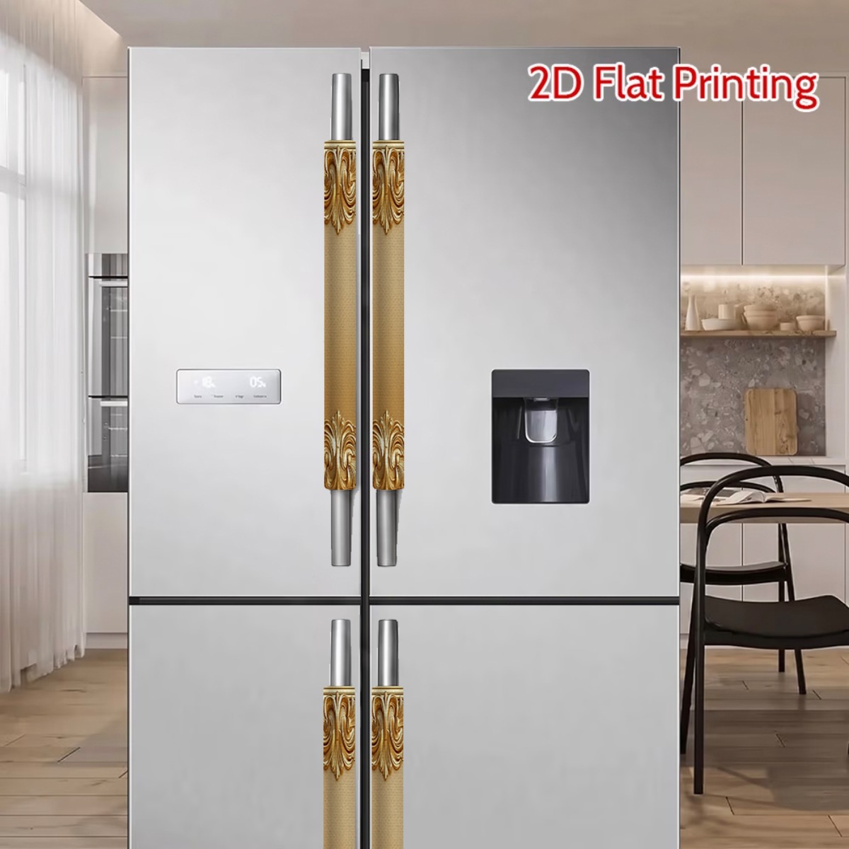 TEMU 2d Flat Luxury Golden Carved Photo Frame Printed Refrigerator Door Handle Cover (refrigerator Handle Not Included), Soft Fabric, Removable And