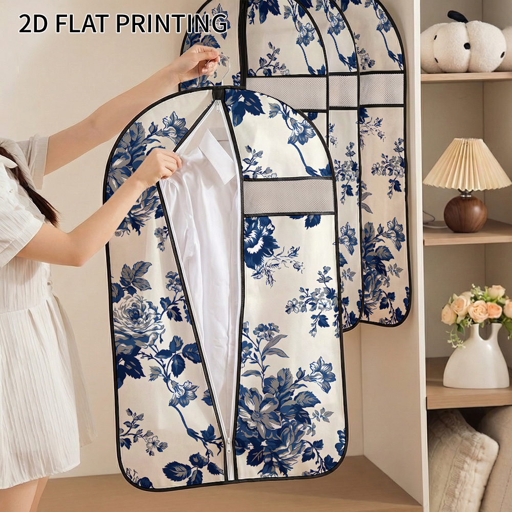 Anzug-Wäscheschutzhülle, Kleiderschutzbezug zum Aufhängen, blau-weißes Blumentapeten-Design, 2D-gedrucktes Muster, Kleider-Aufbewahrungstasche zum Aufhängen mit Reißverschluss, wiederverwendbare