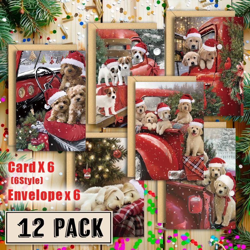 

12pcs/set, Puppy Christmas Greeting Cards With Envelopes 12pcs Humor Christmas Cards With Envelopes, 6 Puppies Designs Bulk Greeting And New Years Cards, Perfect To Send Warm Holiday Wishes To