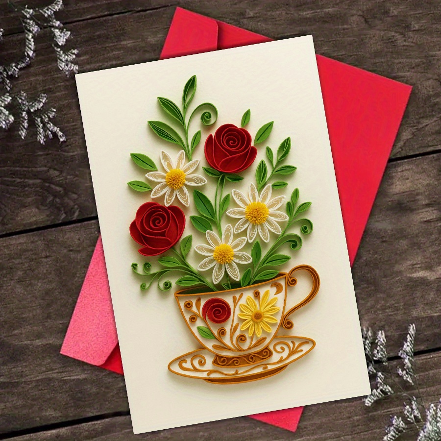 TEMU 4pcs (2 Envelopes + 2 Greeting Cards) Elegant Floral Teacup Greeting Cards - Handmade, Red Roses And Yellow Lilies, Blank Interior For Personal