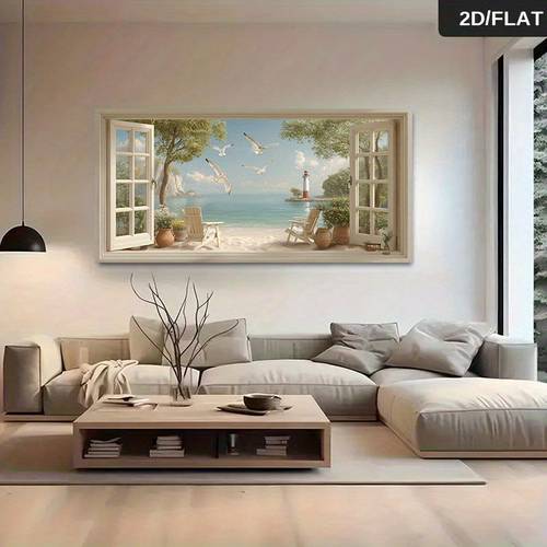 large decorative canvas wall art modern abstract beach scene with lighthouse and coastal landscape print for living room or bedroom gift 50x150cm 19 69x59 06 inches frameless 2d flat design canvas for window va beach wall art window d flat decoration picture for large beach canvas with flowers without frame