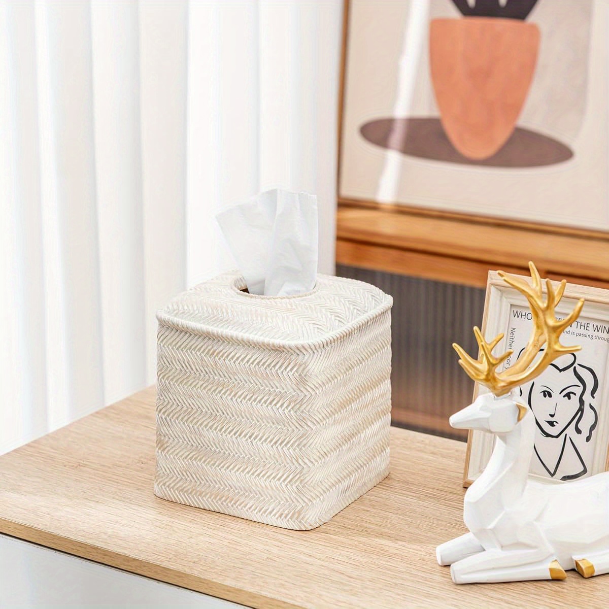 hand carved wicker tissue box cover square resin holder with textured   3 x 5 3 x 5 9 inches farmhouse style for home decor bathroom living room bathroom decor and accessories decorative tissue holder natural   Product details 2