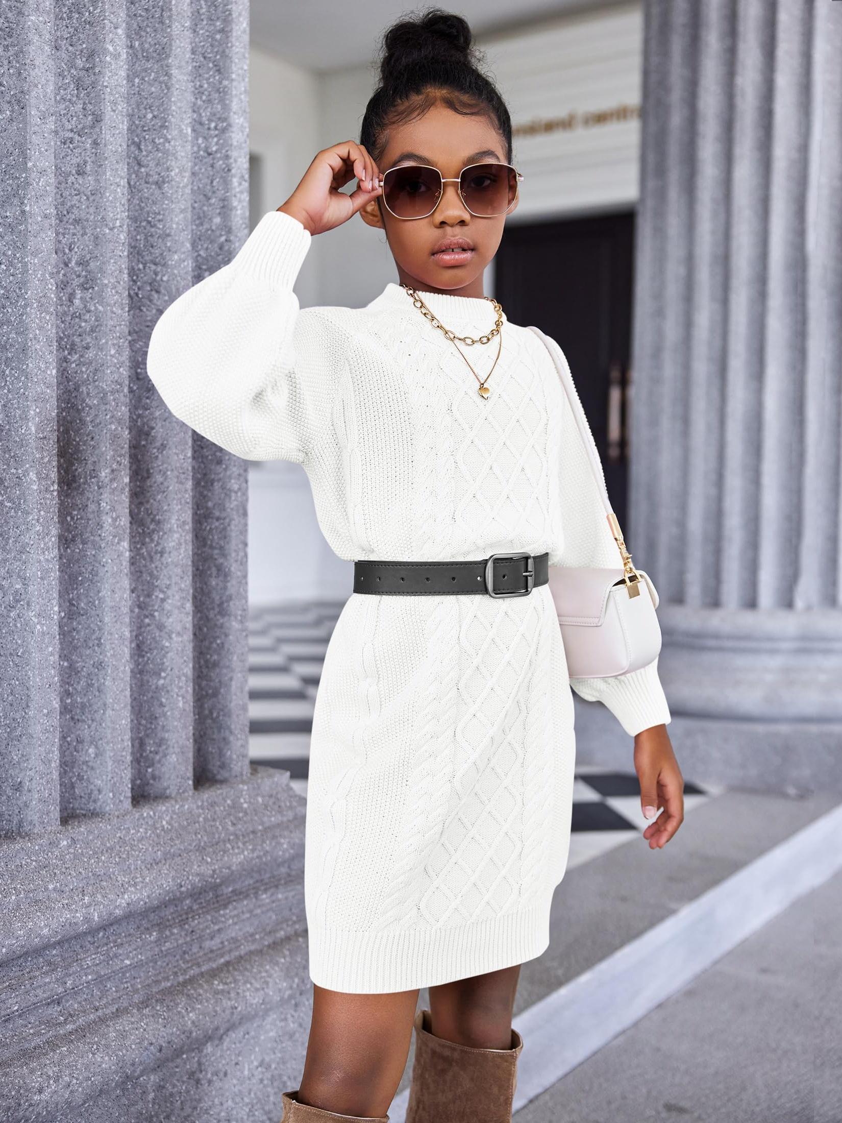 girls sweater dress puff long sleeve casual cable knit - Temu