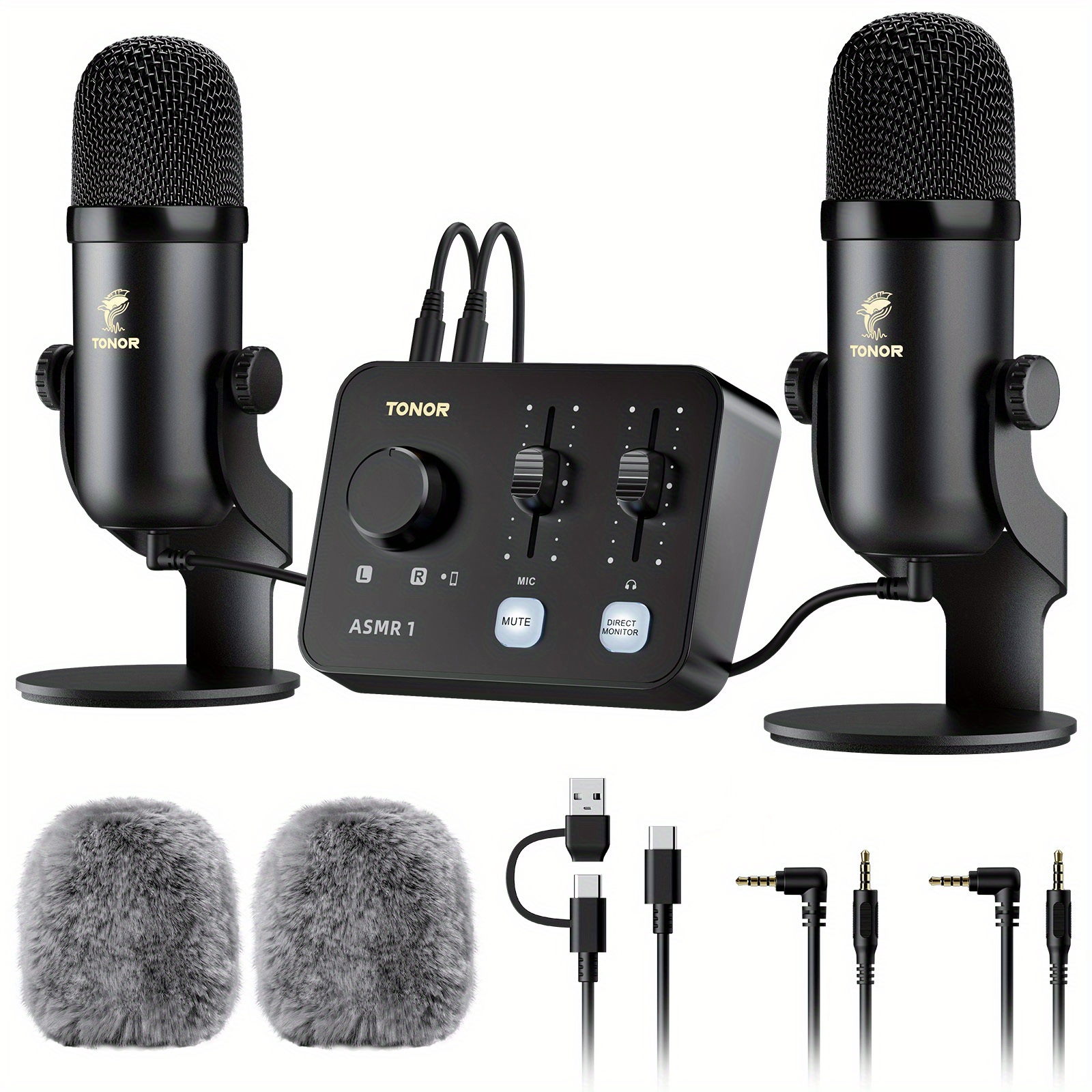ASMR Microphone Equipment Bundle with Audio Interface, Immersive 3D Stereo Audio, Dual Condenser Mics with Audio Mixer, Clear Sound, Volume Control, with Furry Windscreens