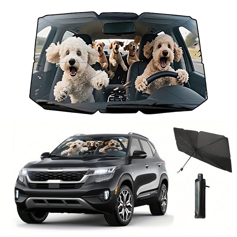 TEMU Linlenpa-a Cute Little Dog Uv Protection Car Sunshade Umbrella, Stylish And Designed For , Made Of Material, Suitable For Car Models' Front