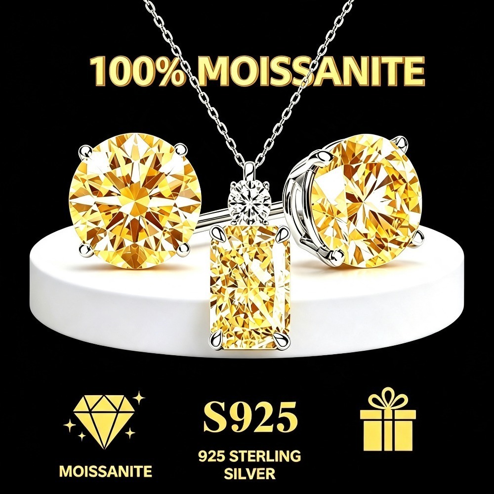 TEMU 2pcs Set Women's Fashion 925 Sterling Silvery Four-prong Earrings Set With Yellow Moissanite Plus Yellow Crushed Ice Cut Design 925 Silvery Set