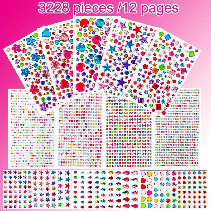 E-shop 3228 Stück selbstklebende Strass--Aufkleber, Acryl-Dekorationen für Bastelarbeiten, mit verschiedenen Formen von Edelstein-Strasssteinen
