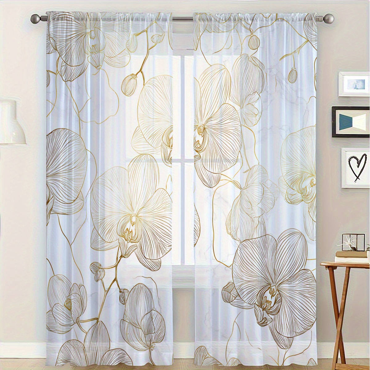 TEMU 2pcs Semi-transparent Curtains, Elegant Orchid Print Sheer Window Drapes - Lightweight And Breathable Home For , Perfect For Kitchen, Cafe,