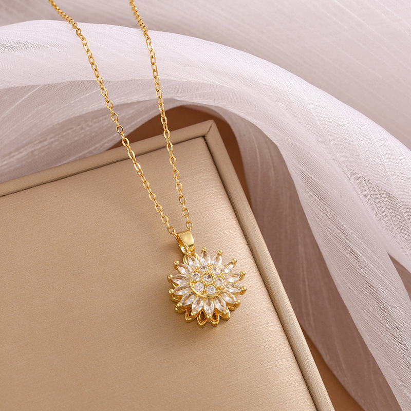 Collar Giratorio de Girasol para Mujeres - Choker Rotativo 360° con Cadena de Acero Inoxidable, Piedras Sintéticas Brillantes, Joyería Elegante para Fiestas y Uso Diario, Regalo de San Valentín, Diseño Inspirado en Japón-Corea, Collar Floral, Accesorio Especial para Ocasiones, Pieza de Moda Duradera