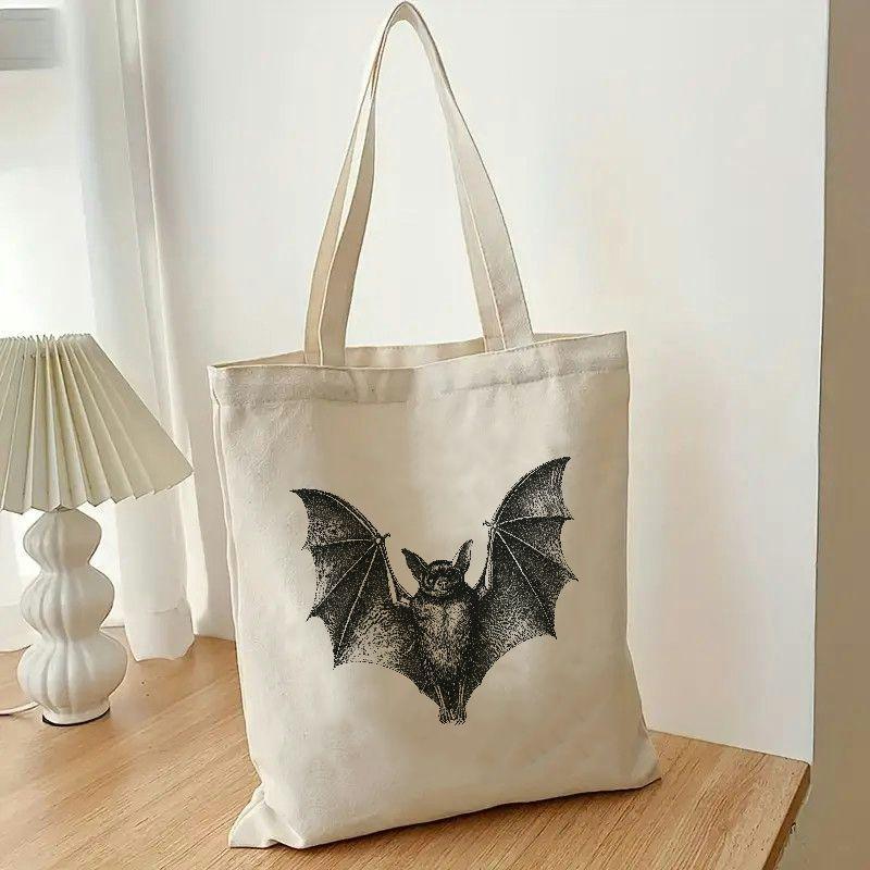 TEMU 1pc 2d Flat Printing, Chic Batwing Canvas Tote Bag For Women - Stylish White Polyester Shoulder Bag With Motif, Machine Washable, Perfect For