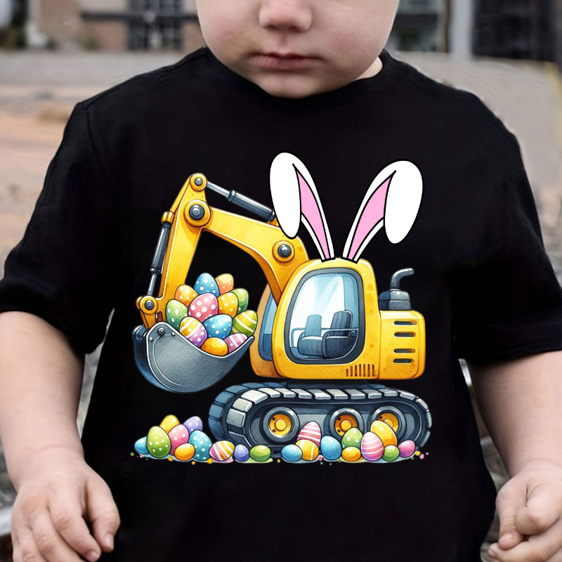 

Gourd Doll Boys' Easter Excavator Graphic T-shirt - Black, Comfy Polyester , Short Sleeve, Round Neck, Machine Washable - Summer Fun