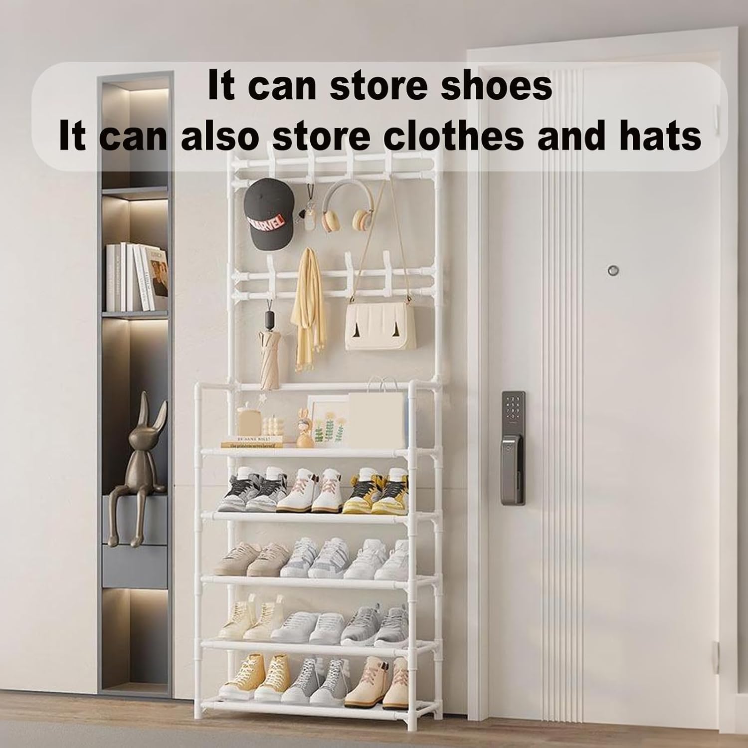 5-Tier Entryway Shelf with Metal Coat Rack And Shoe Rack, Suitable for Front Door Entryway, Entry Shoe Rack with Coat Rack, Multifunctional Entryway Storage Organizer, Suitable for Home, Hallway, Bedroom (White)